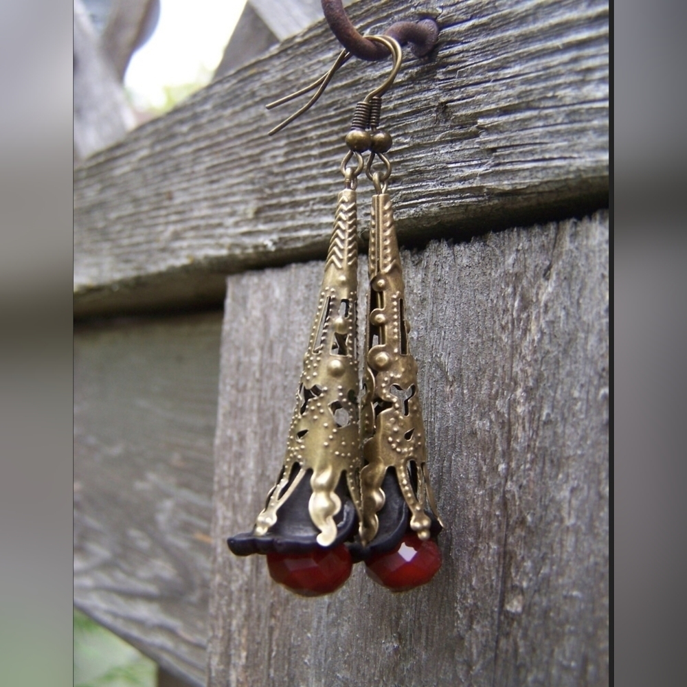 Mystic Black Red Antique Brass Trumpet Renaissance Earrings